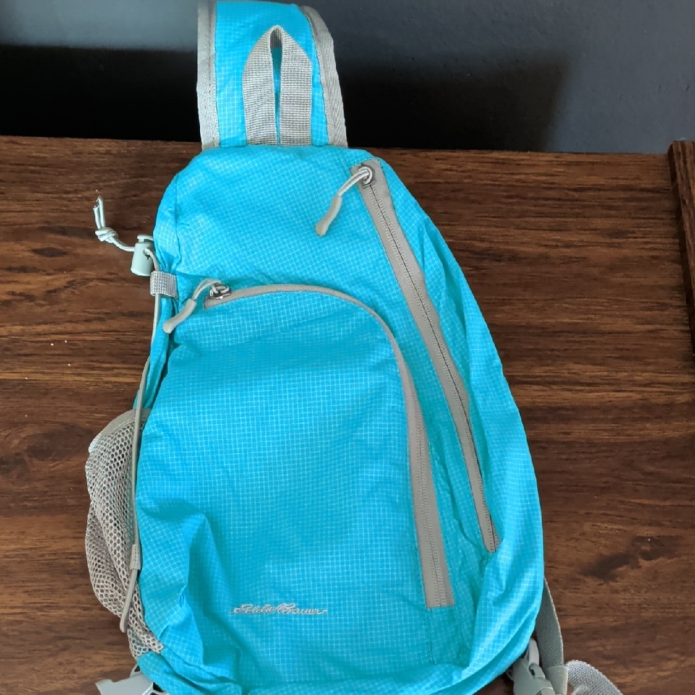 Eddie Bauer turquoise sling backpack with gray trim
